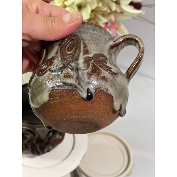 Handcrafted Brown & Cream Glazed Ceramic Mug With Raised Text Set 2 - Picture 6 of 13